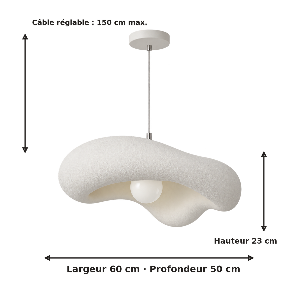 Dimensions de la suspension Nami 60 x 50 x 23 cm avec câble réglable 150 cm