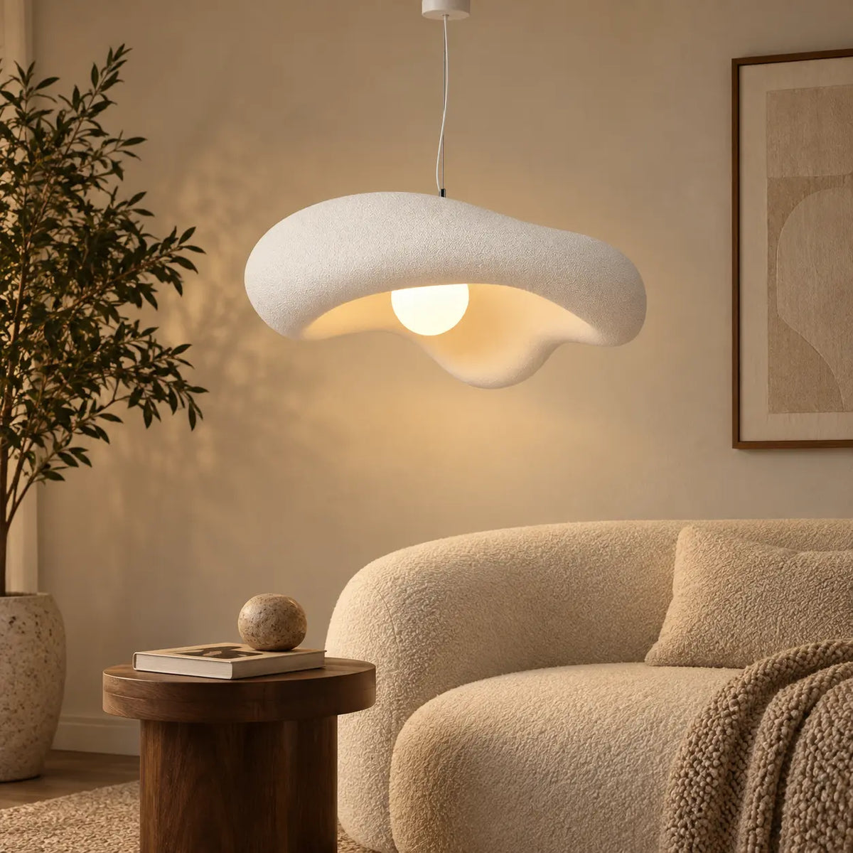 Suspension luminaire design Nami allumée dans un salon contemporain