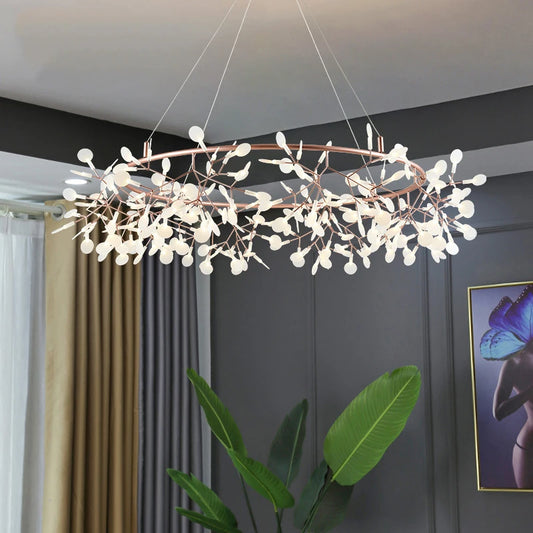 Lustre branches luciole doré rose et noir pour salon