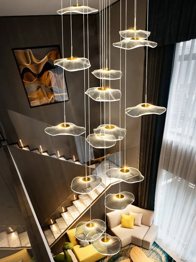 Lustre feuille de lotus LED design pour escalier et hall d'hôtel – vue 2