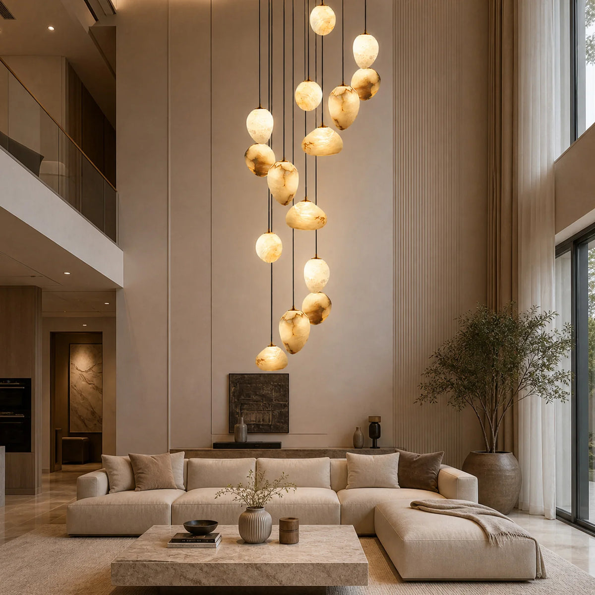 Lustre marbre naturel et albâtre – suspension LED de luxe – vue 2