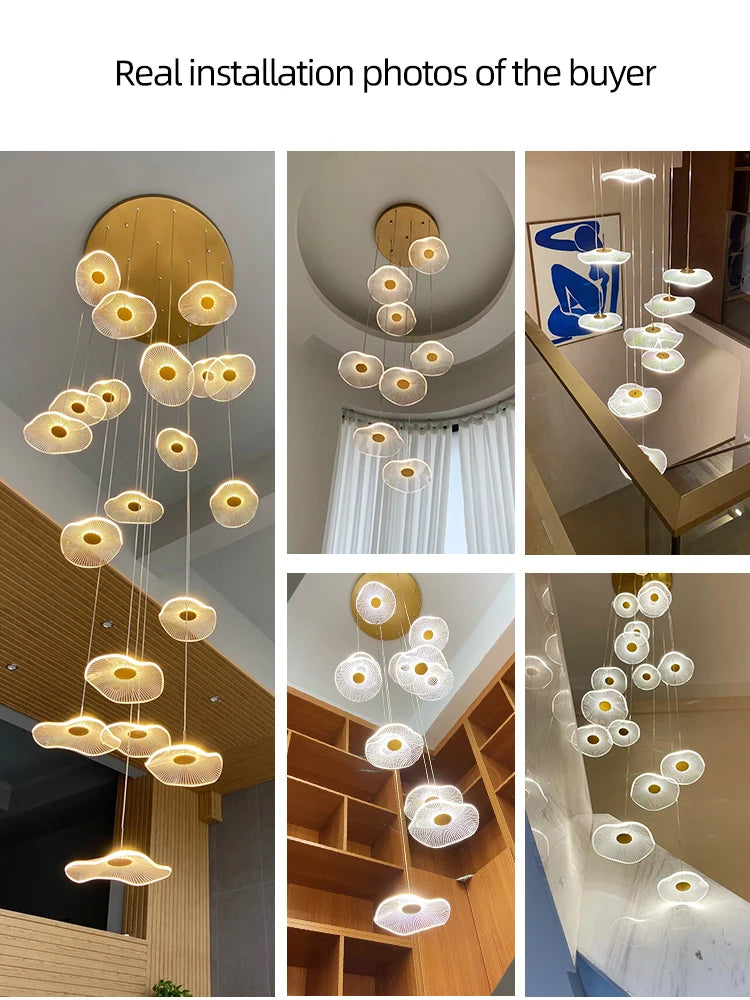 Lustre feuille de lotus LED design pour escalier et hall d'hôtel