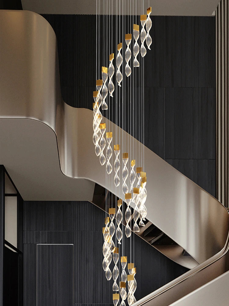 Lustre spirale cristal noir et doré LED pour duplex