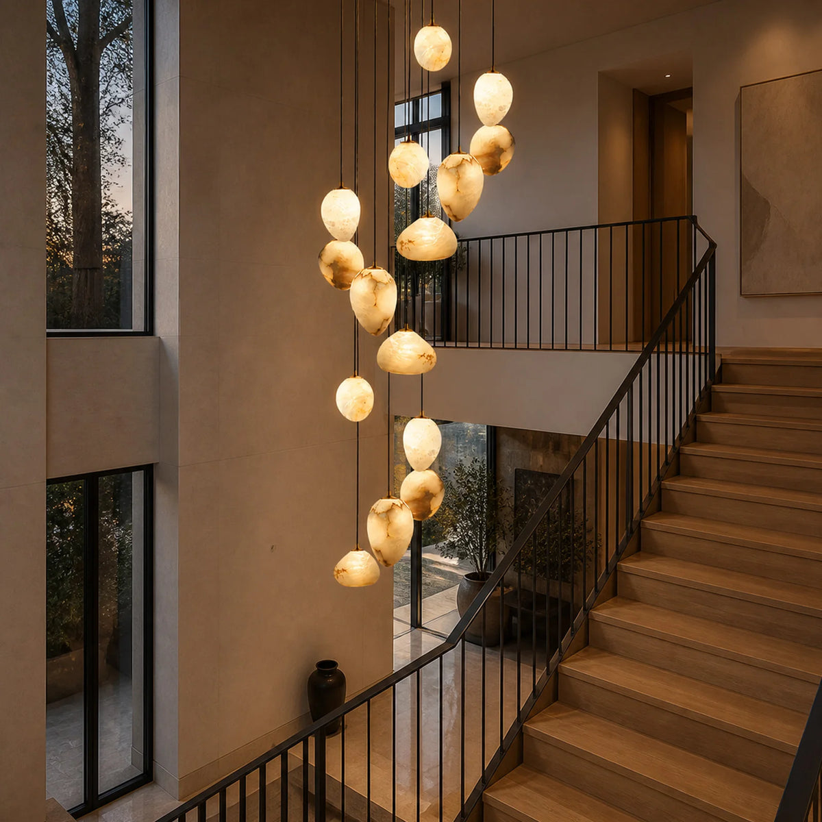 Lustre marbre naturel et albâtre – suspension LED de luxe