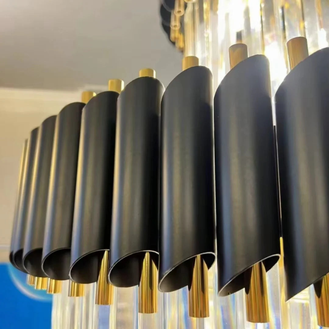 Grand lustre cristal long multi-niveaux noir pour hall et escalier – vue 2
