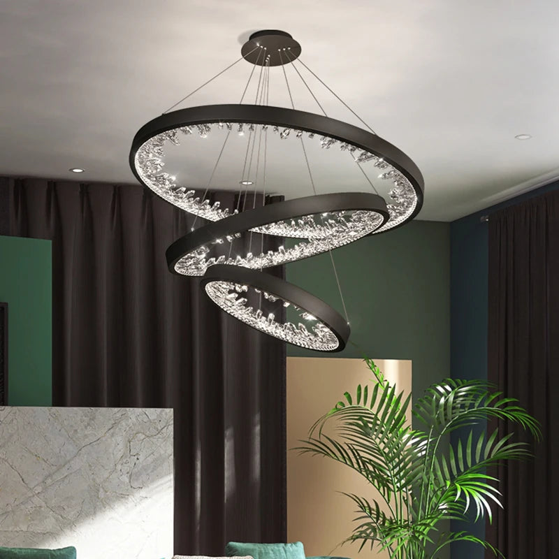 Lustre circulaire noir cristal pour escalier et villa