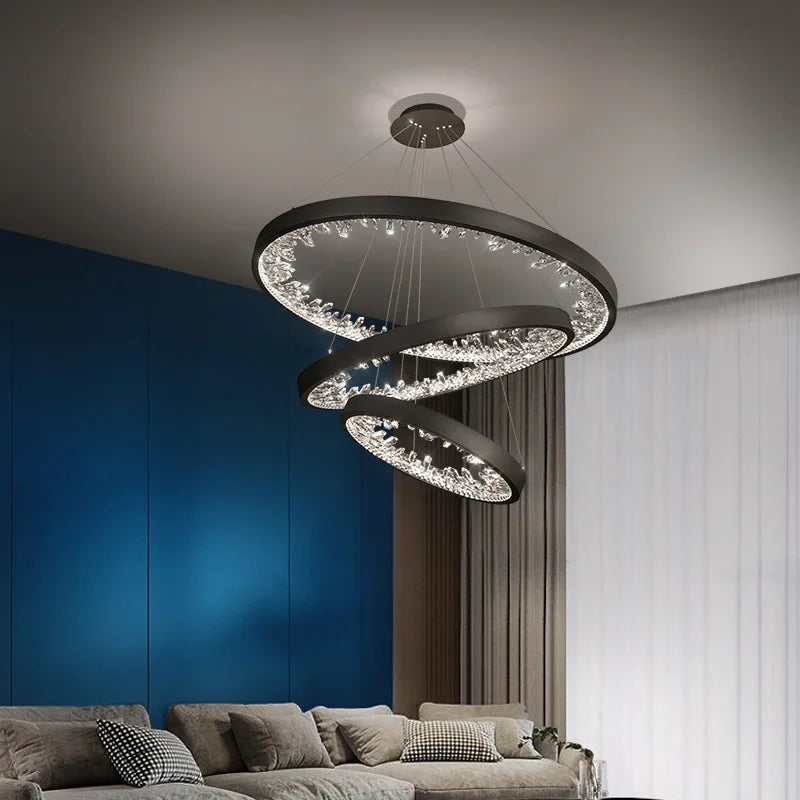 Lustre circulaire noir cristal pour escalier et villa – vue 2