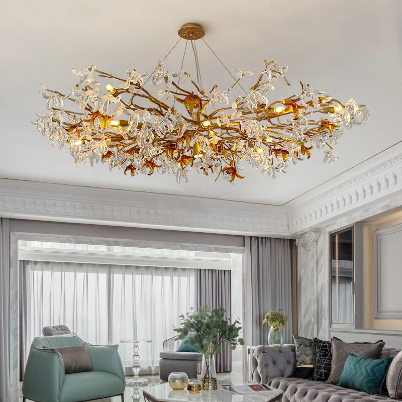 Lustre tout cuivre et cristal pour villa et chambre