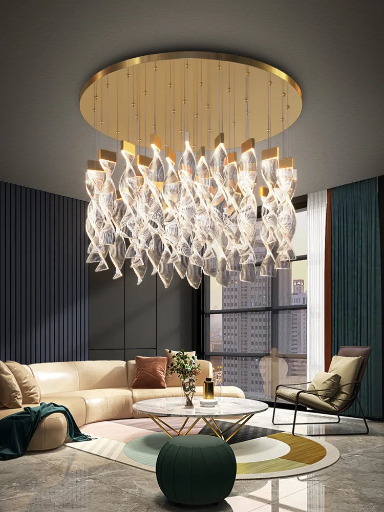 Lustre spirale cristal noir et doré LED pour duplex – vue 2