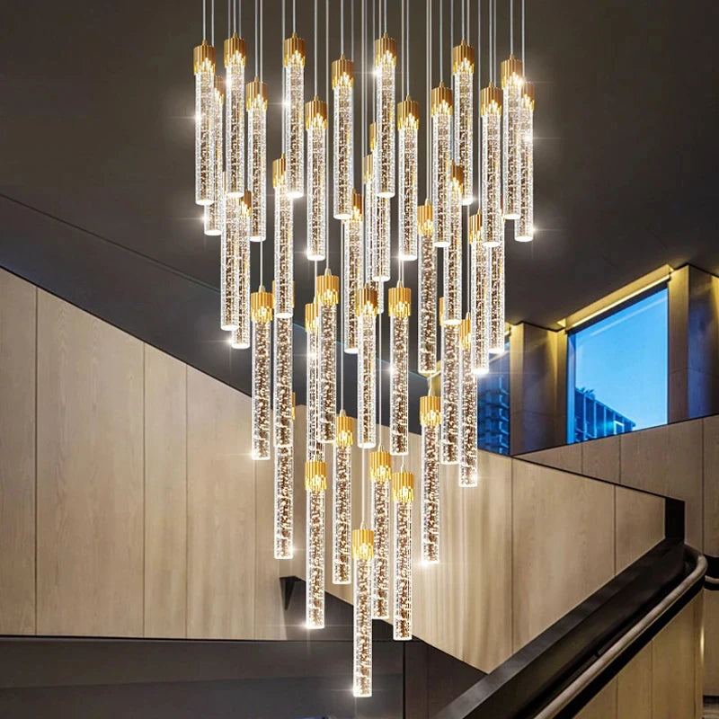 Lustre long cristal LED de luxe pour villa et escalier